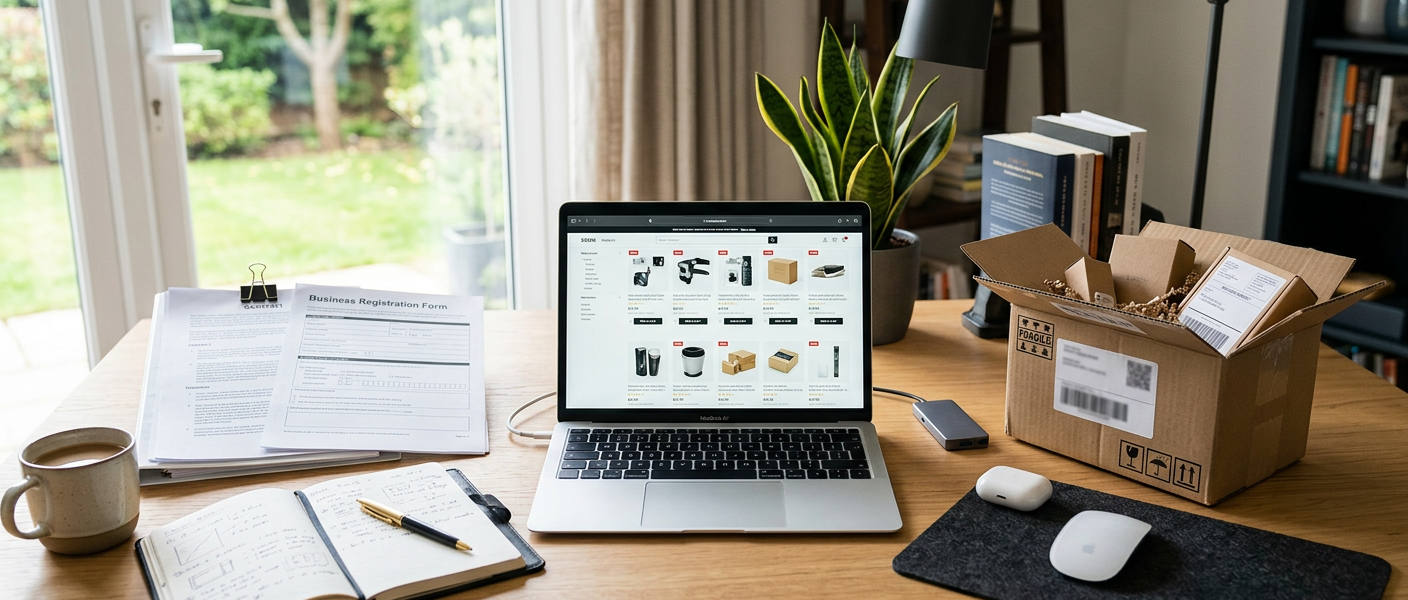 Bureau avec ordinateur boutique en ligne et documents juridiques