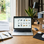 Bureau avec ordinateur boutique en ligne et documents juridiques